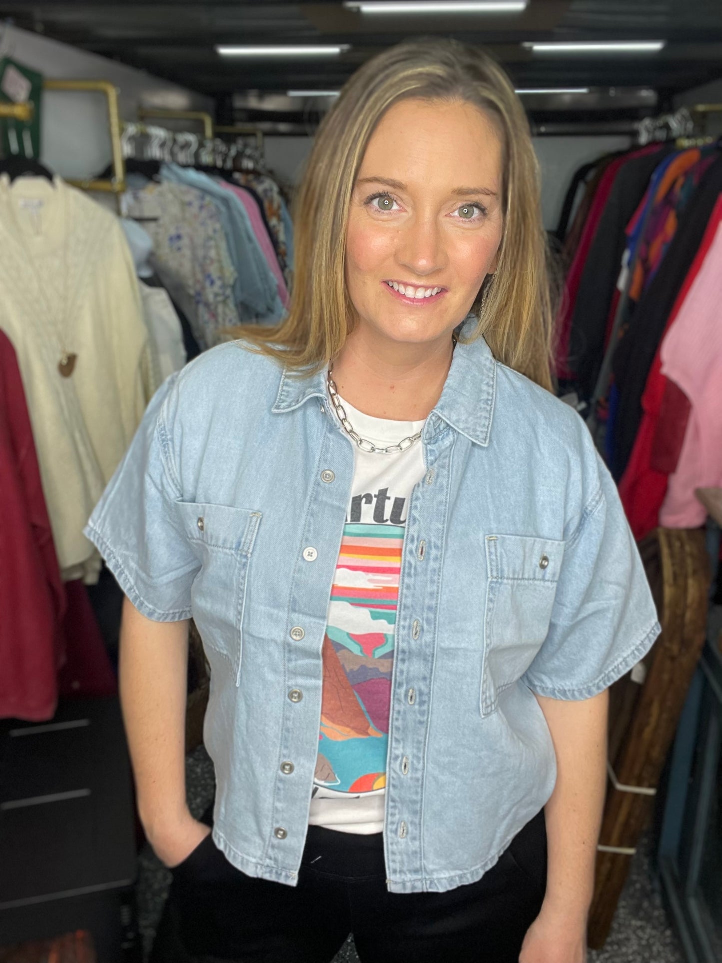 Just Blue Boxy Featherweight Button Top