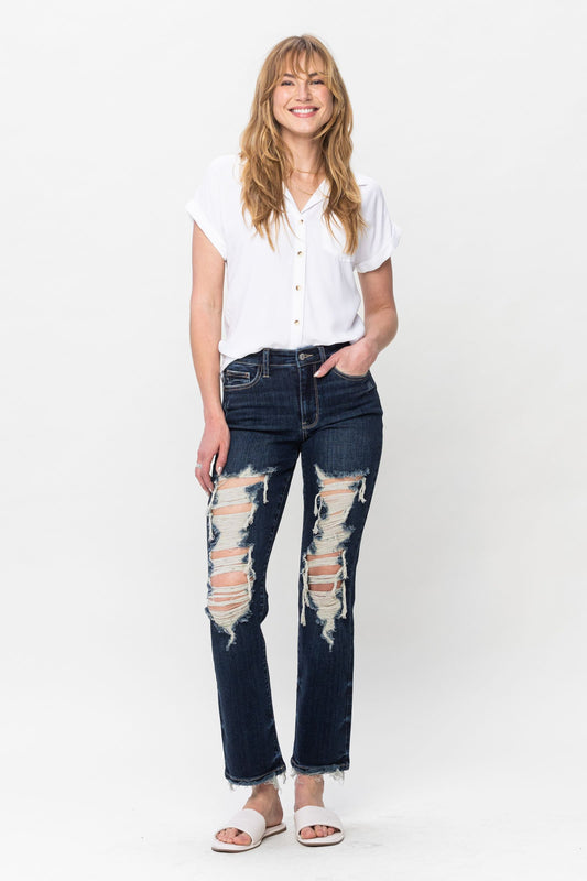Judy Blue Dark Distressed Straight Leg