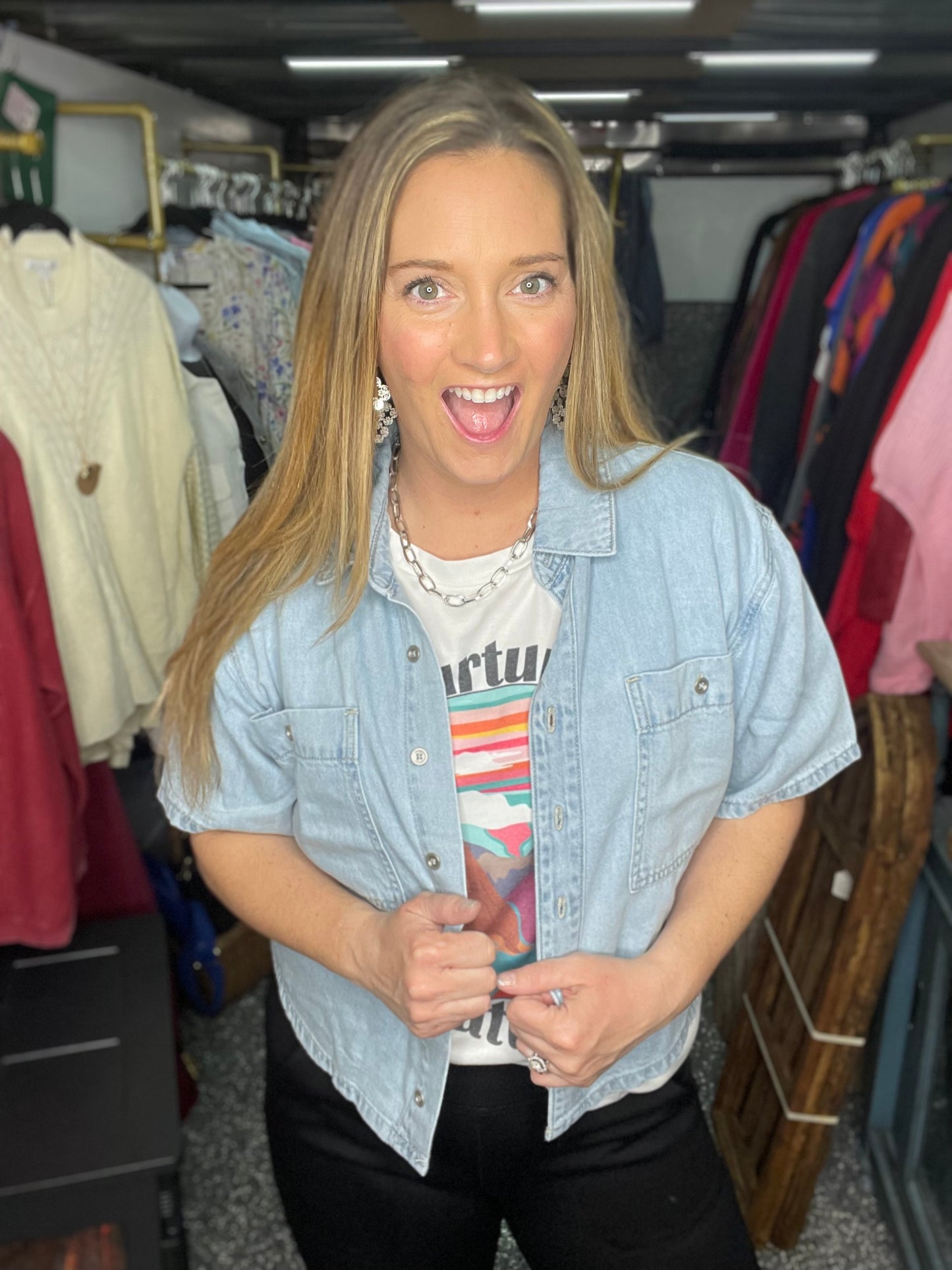 Just Blue Boxy Featherweight Button Top