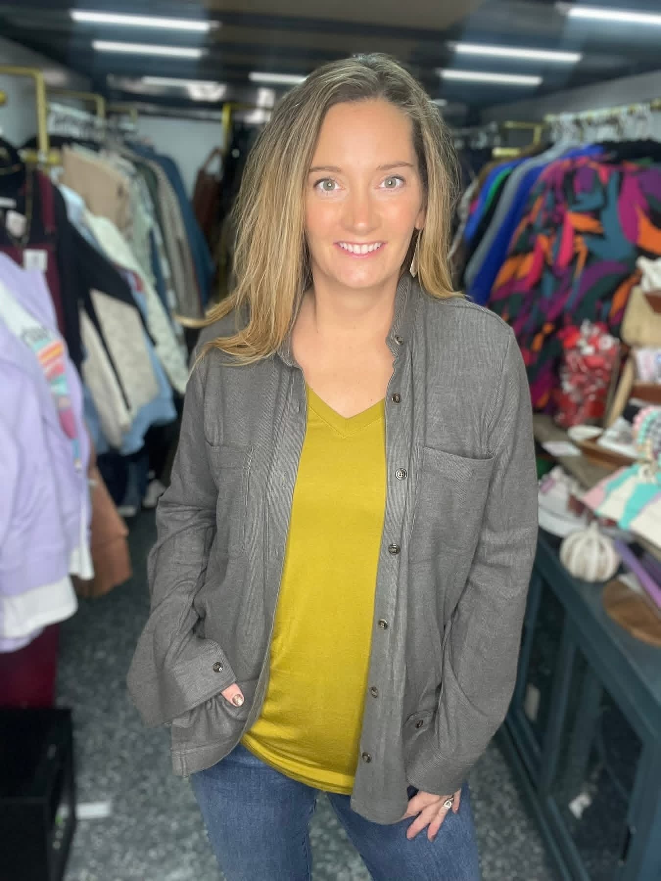 Gray Panache Button Top