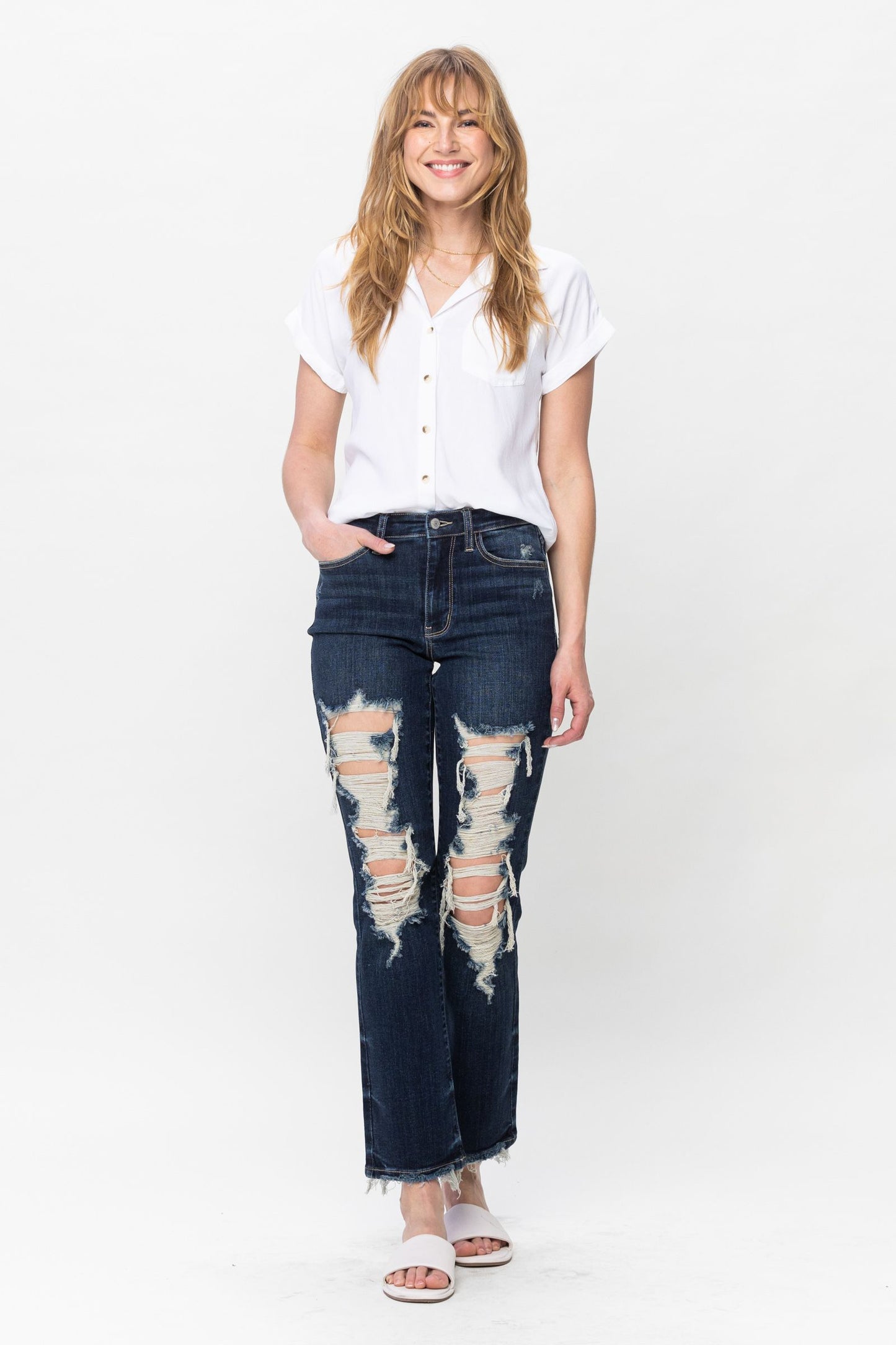 Judy Blue Dark Distressed Straight Leg